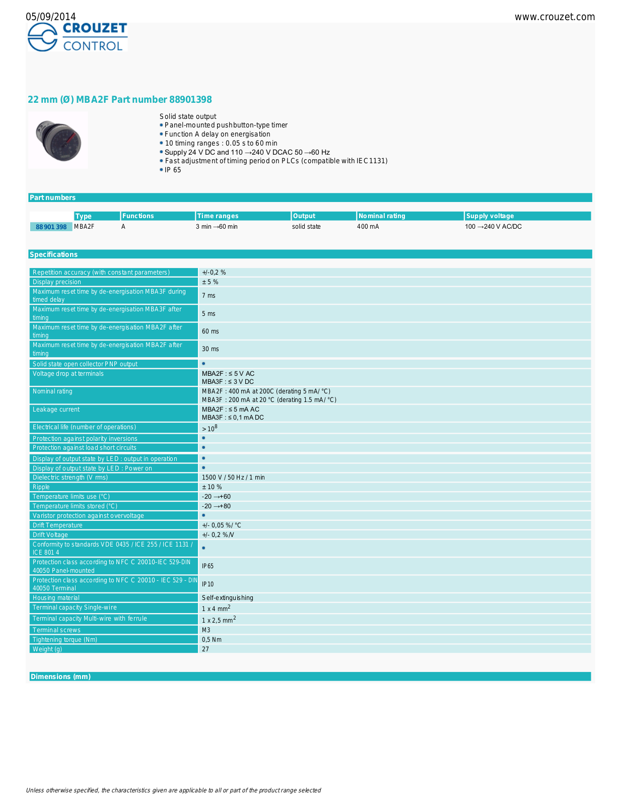 Crouzet 88901398 Data Sheet