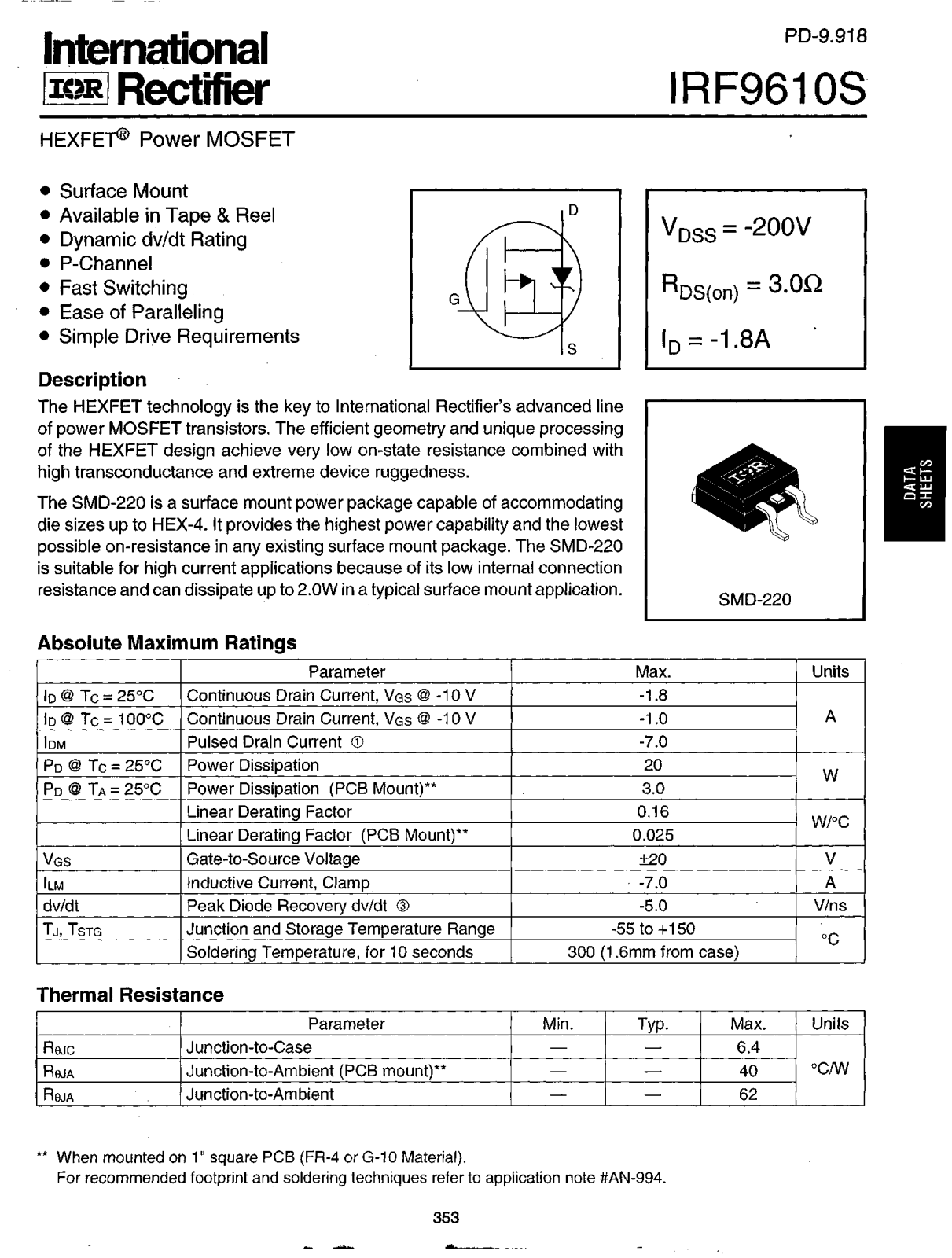 International Rectifier IRF9610S Datasheet