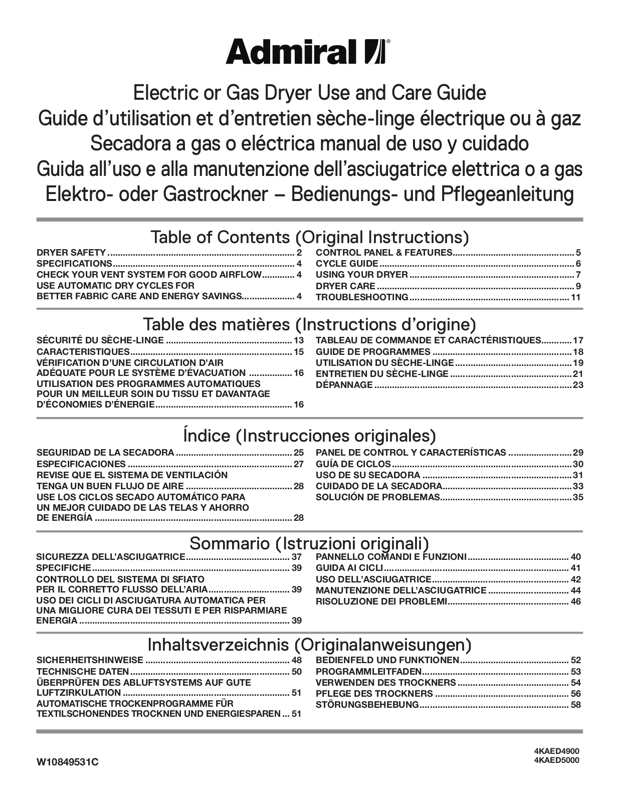 ADMIRAL 4KAED4900FW, 4KAED5000FW Owner's Manual