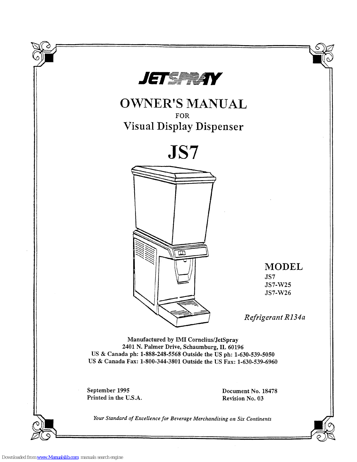 Cornelius Visual Display Dispenser JS7-W25, Visual Display Dispenser JS7-W26, JetSpray JS7, JetSpray JS7-W25, JetSpray JS7-W26 Owner's Manual