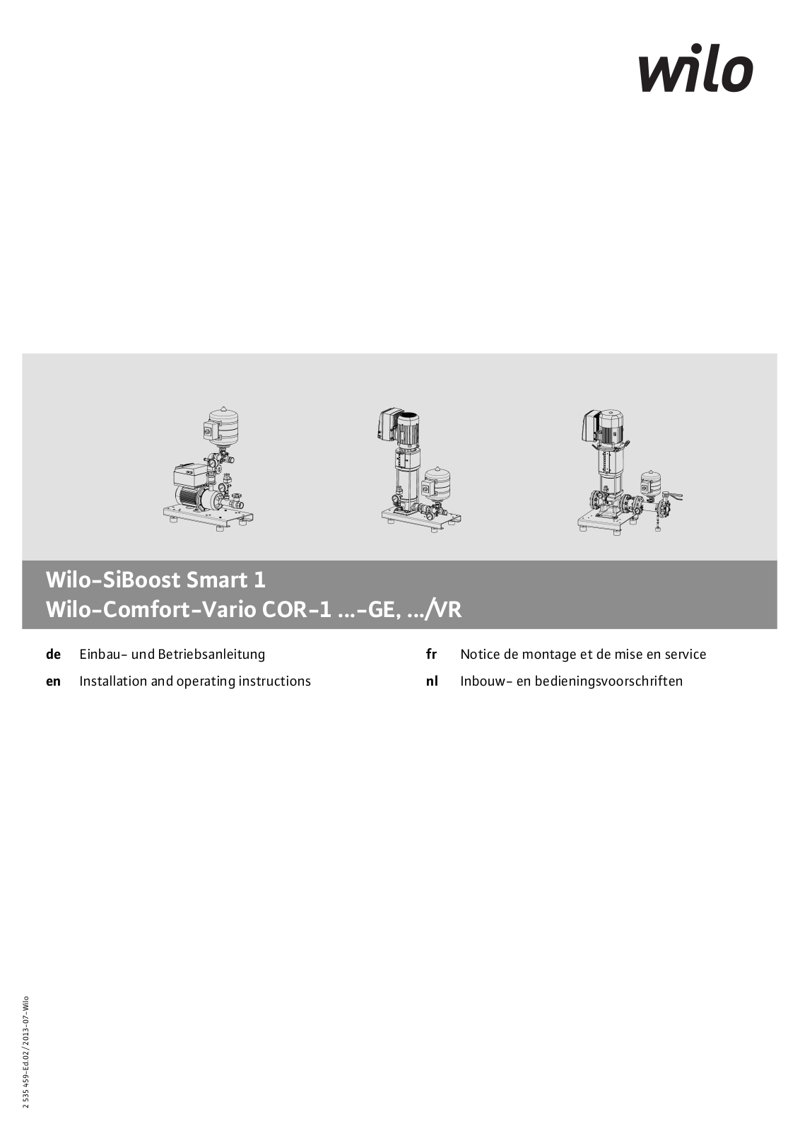 Wilo SiBoost Smart 1HELIX VE606, COR-1MVIE Series, Comfort-Vario COR-1***-/VR Series, SiBoost Smart 1 Series, Comfort-Vario COR-1***-GE Series Installation And Operating Instructions Manual