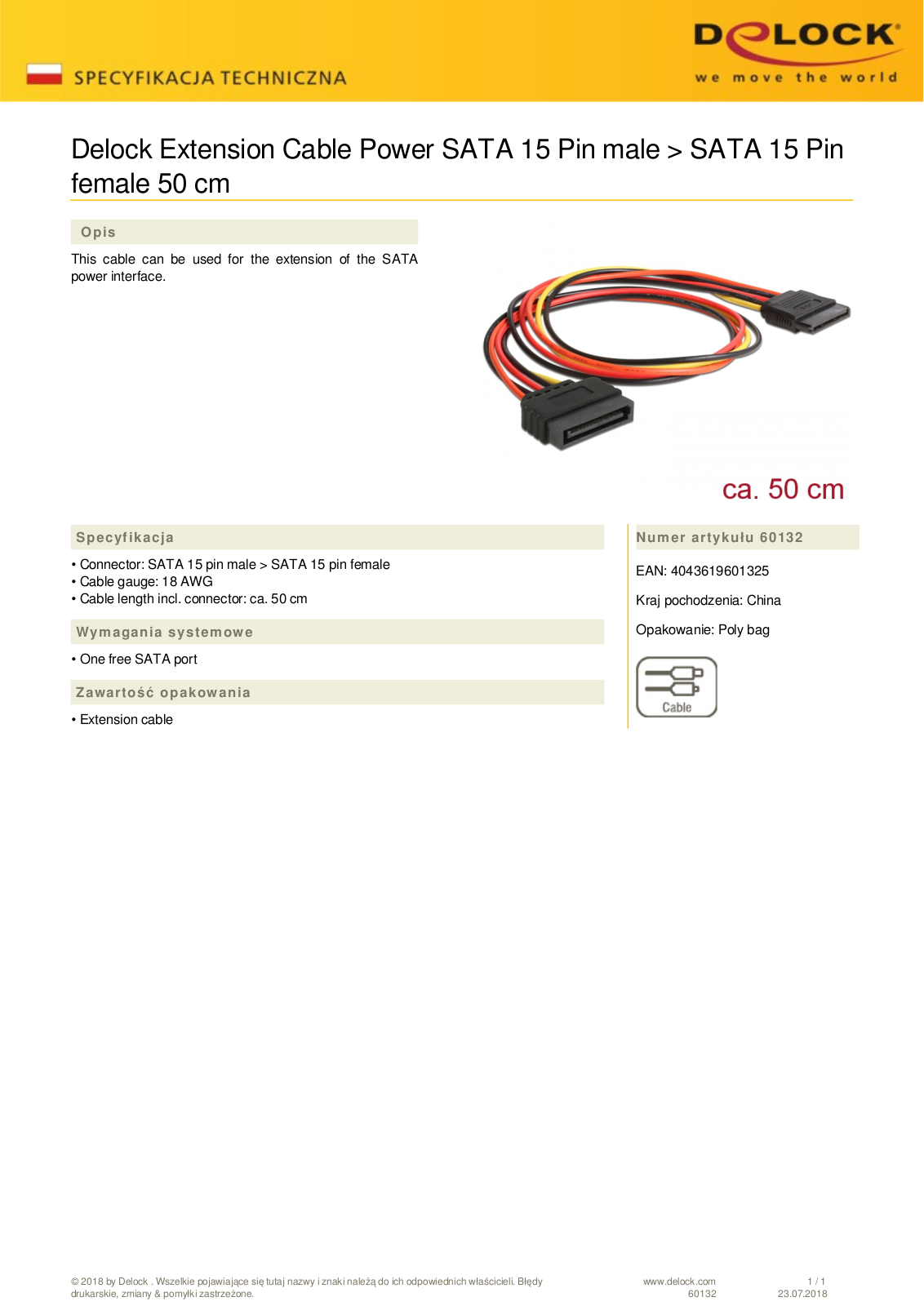 DeLOCK SATA-power adapter 15-Pin SATA plug on 15-Pin SATA socket User Manual