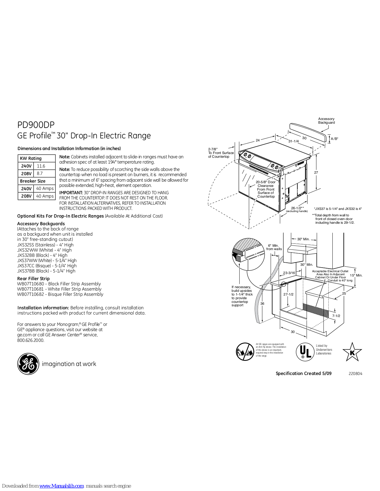 GE PROFILE PD900DP, Profile PD900DPWW, Profile PD900DPCC, Profile PD900DPBB Dimension Manual