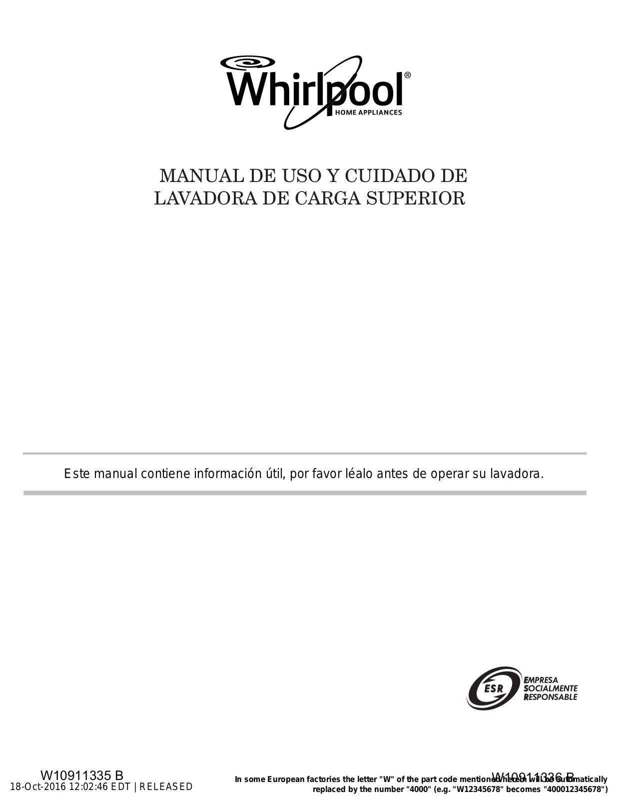 Whirlpool 8MWTW1700CM Owner's Manual