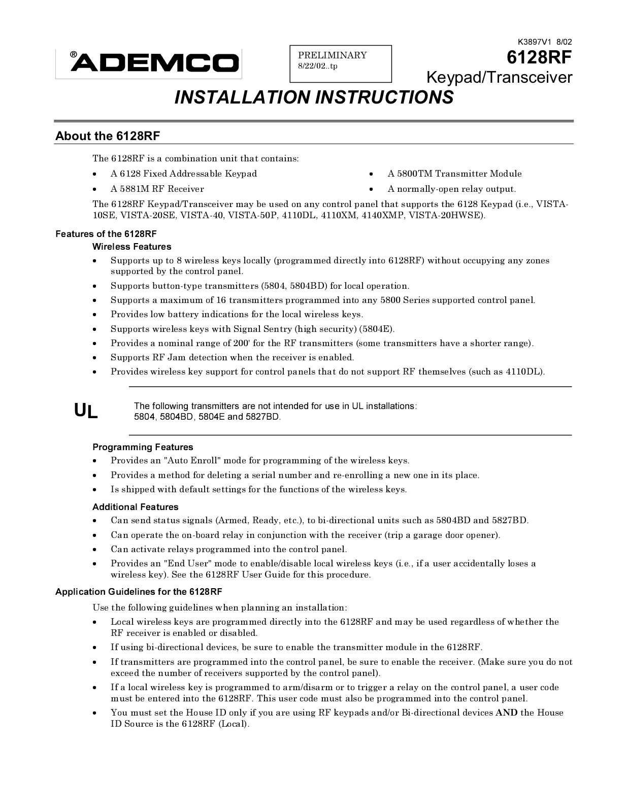 Ademco 6128RF User Manual