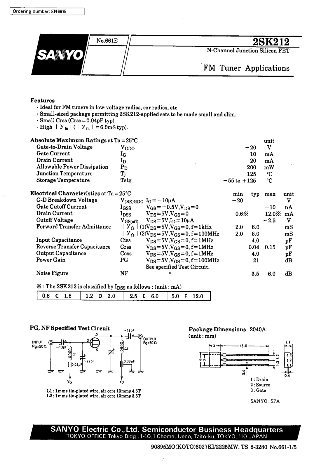 SANYO 2SK212 Datasheet