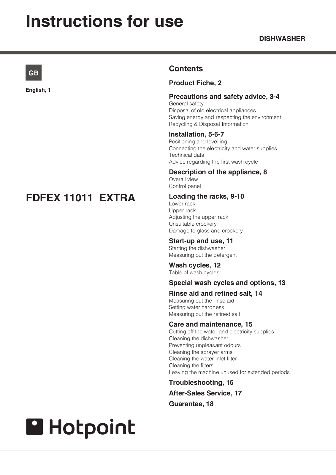 Hotpoint FDFEX 11011 EXTRA, FDFEX 11011 Instruction manual