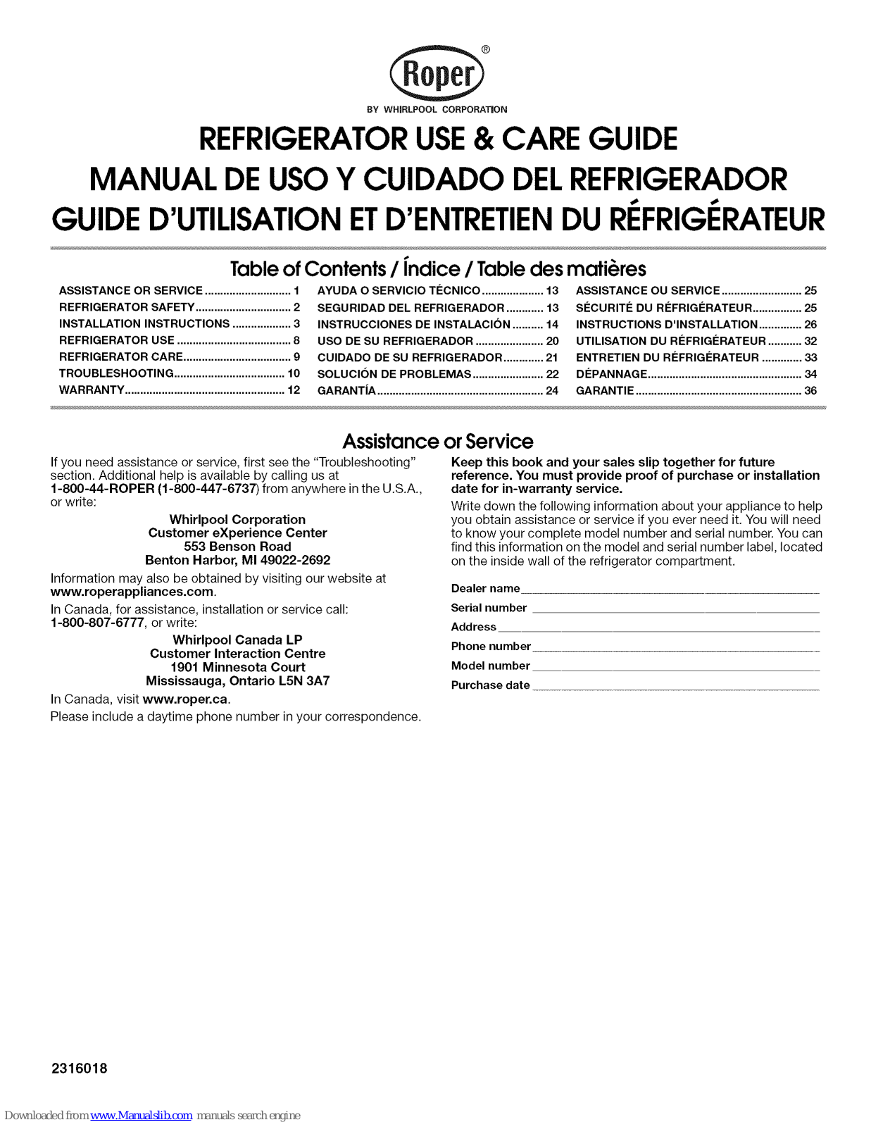 Roper RT14DKXSQ01, RT18SKXRD01, RT18VKXSQ00, RT18WWXSQ01, RT18BKXSQ00 Use & Care Manual - ManualMachine.com