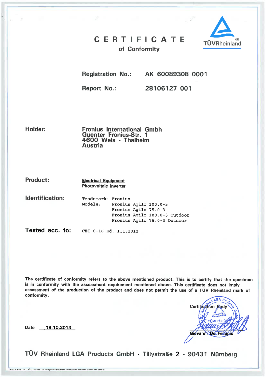 Fronius Conformity CEI 0-16 Fronius Agilo Certificate