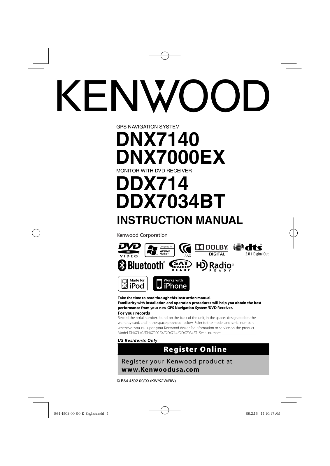 Kenwood DNX7000EX, DDX7034BT User Manual