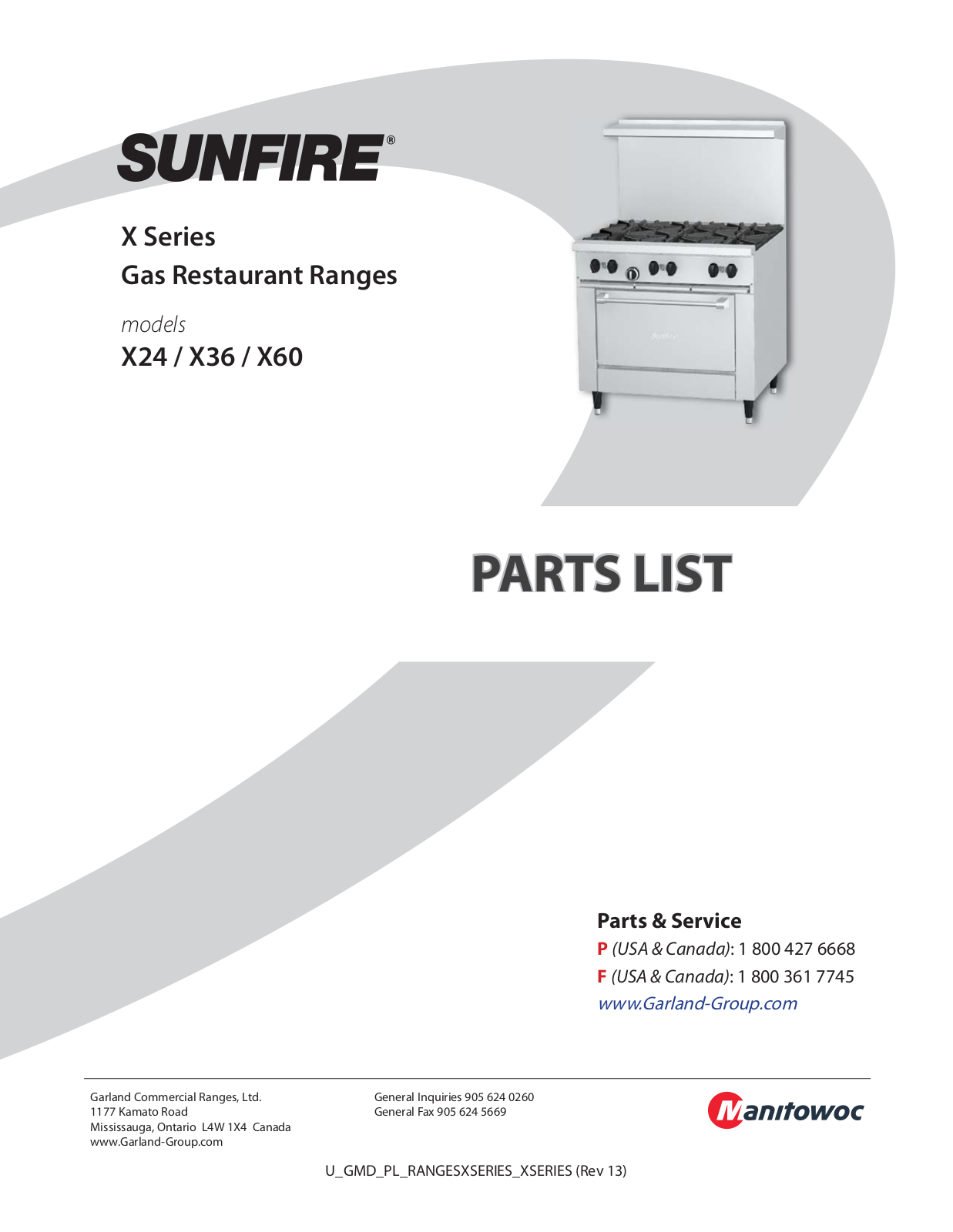 Garland X244LLP, X244SLP Part List