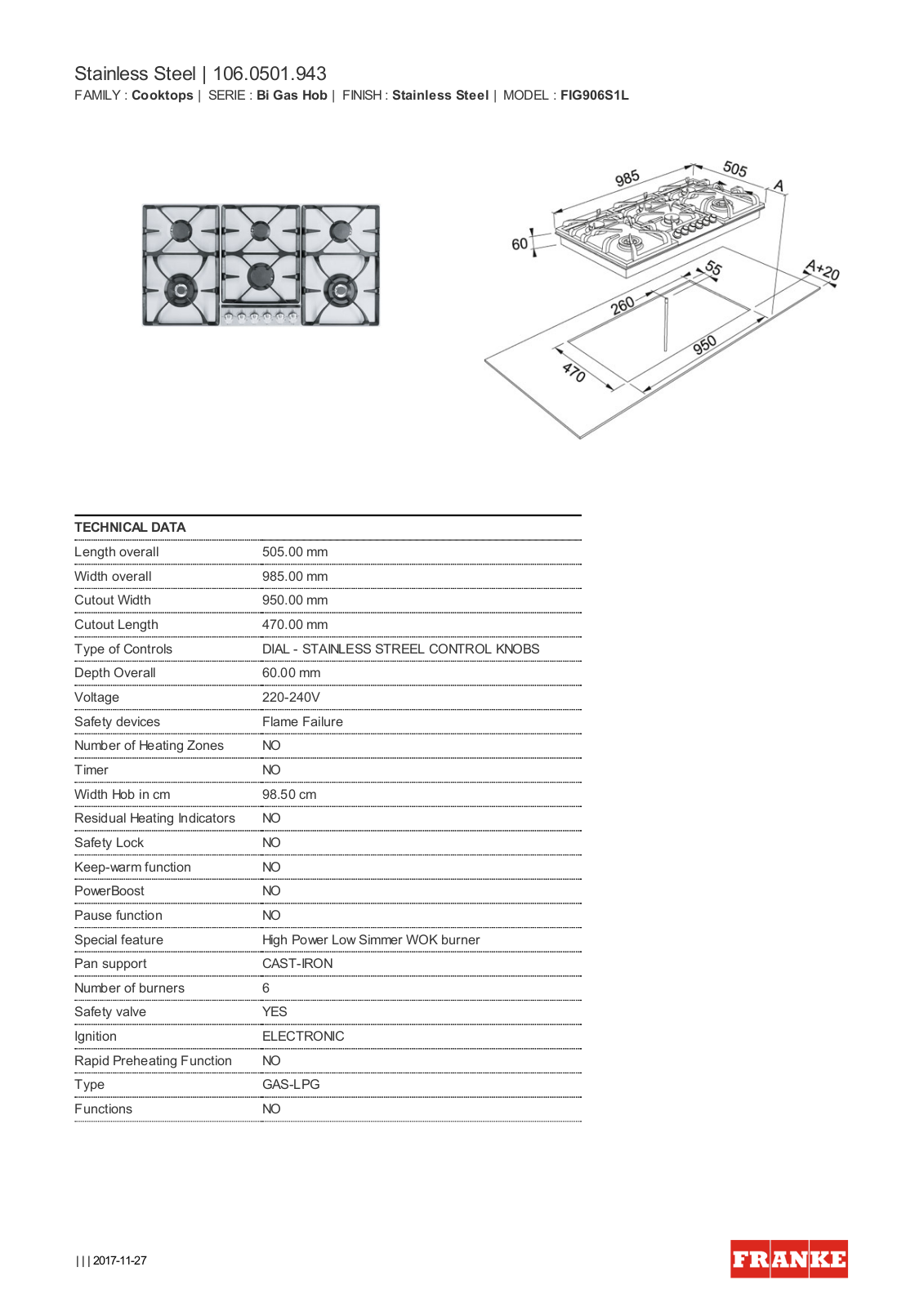 Franke FIG906S1L Datasheet