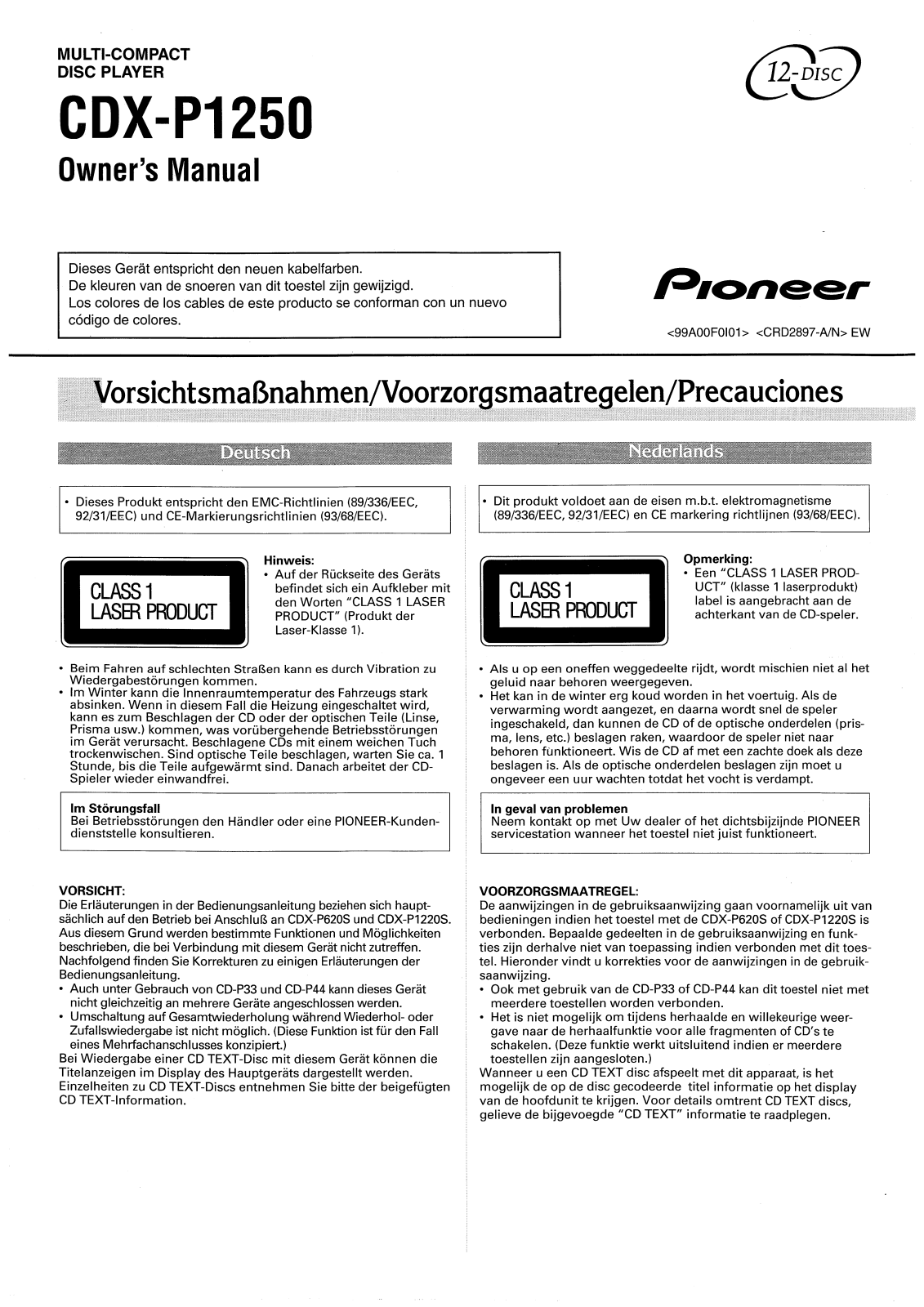 Pioneer CDX-P1250 User Manual