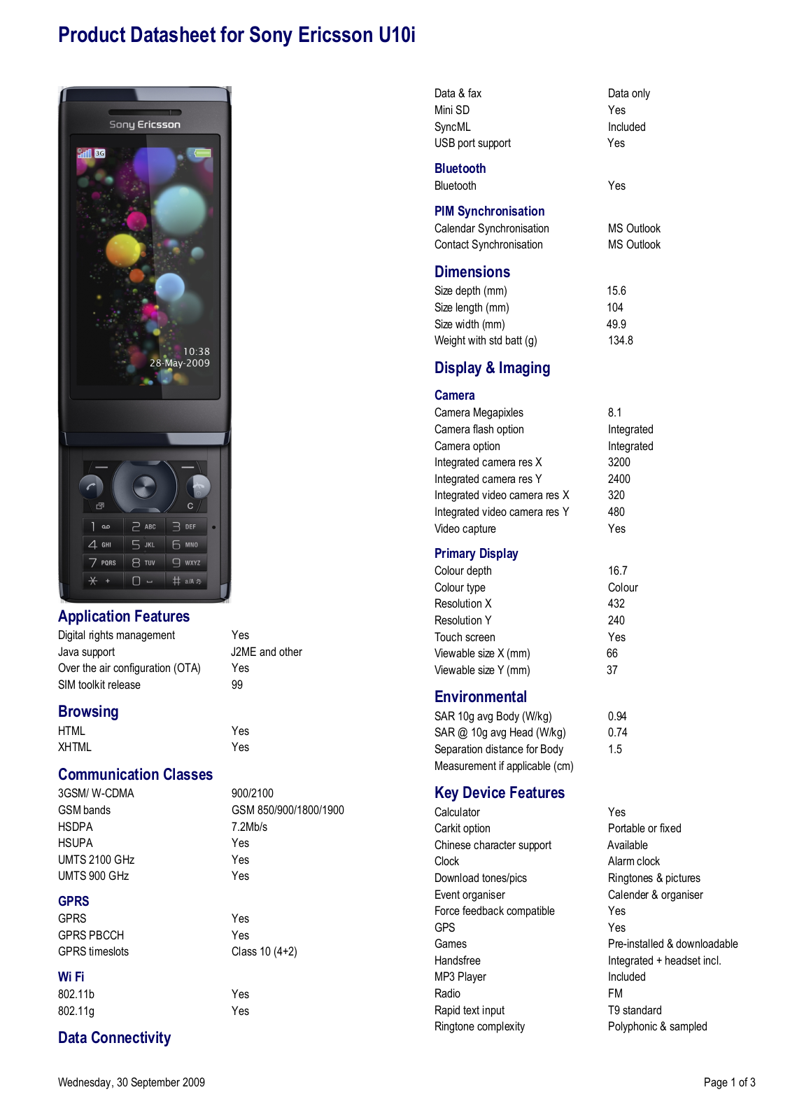 Sony ericsson U10I DATASHEET