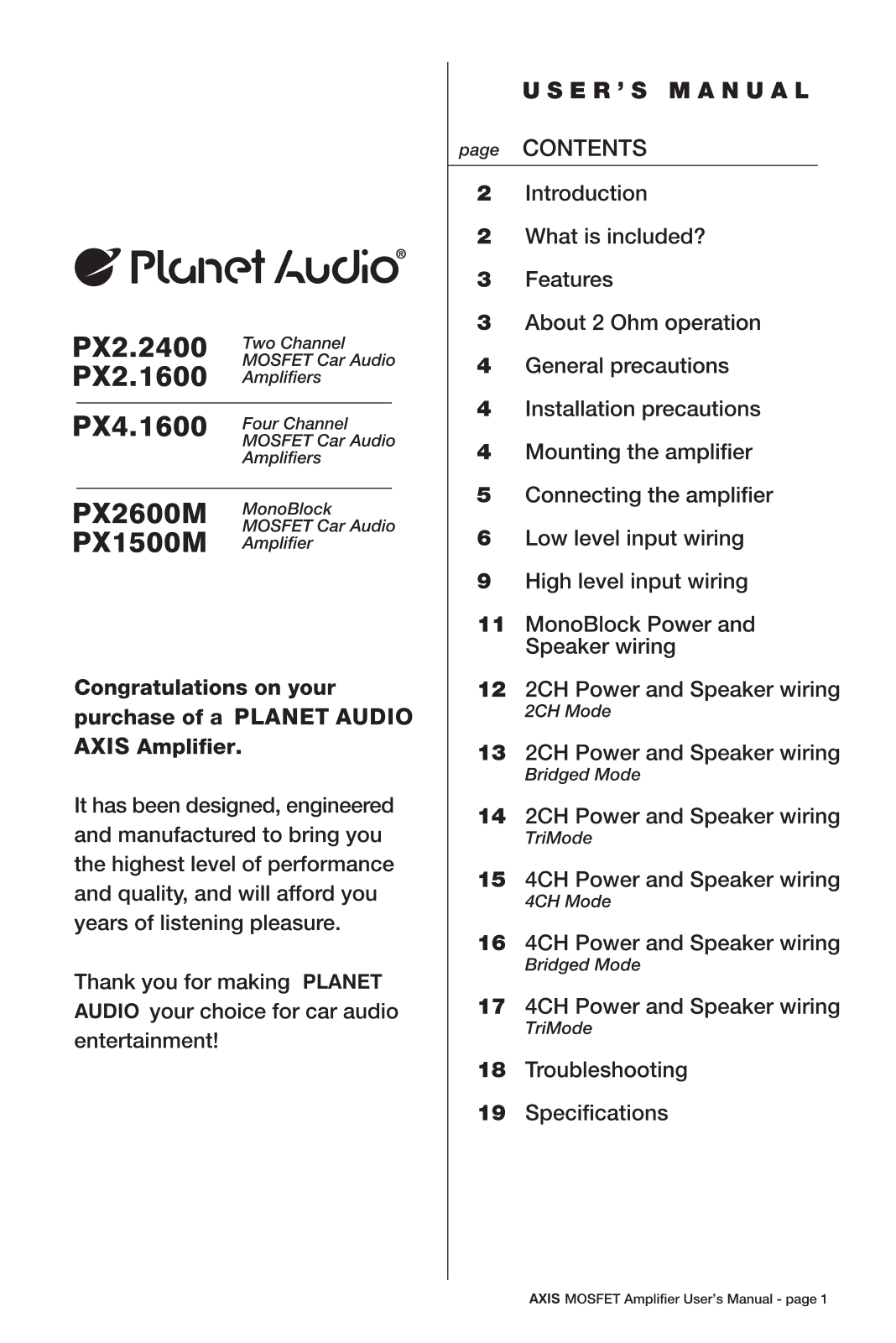 Planet Audio PX1500M, PX2.1600, PX2.2400, PX2600M, PX4.1600 User Manual