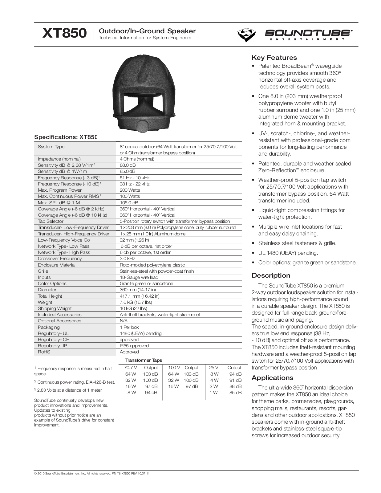 SoundTube XT850-GN Specifications