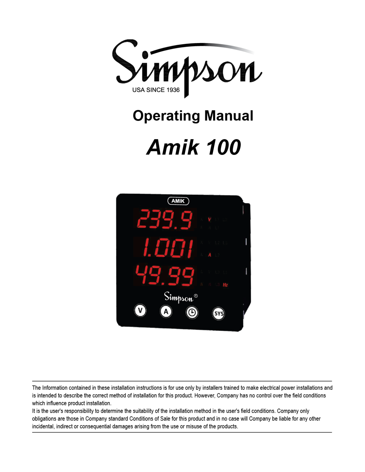 Simpson Electric Amik 100 Operation Manual