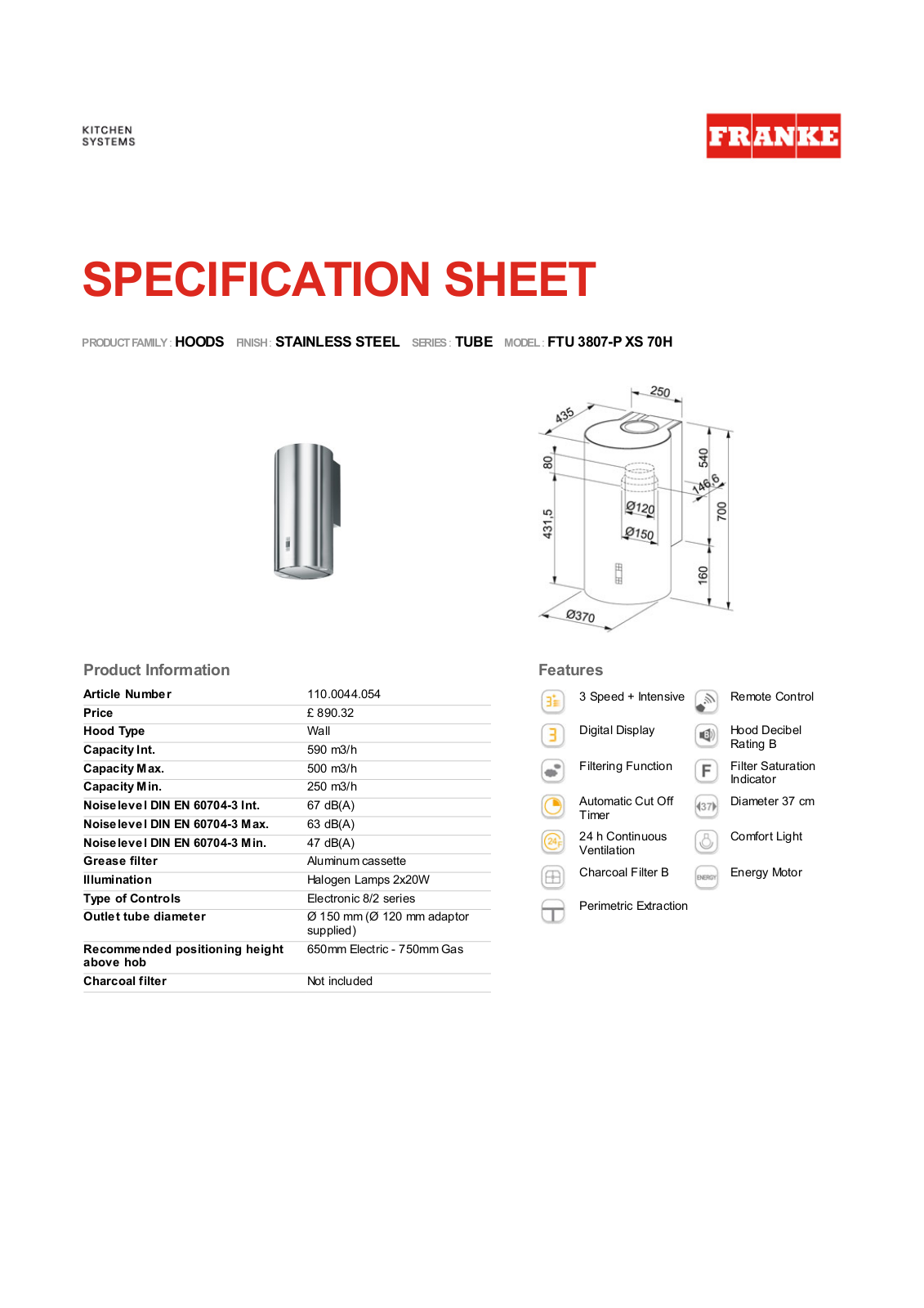 Franke Foodservice FTU 3807-P XS 70H User Manual