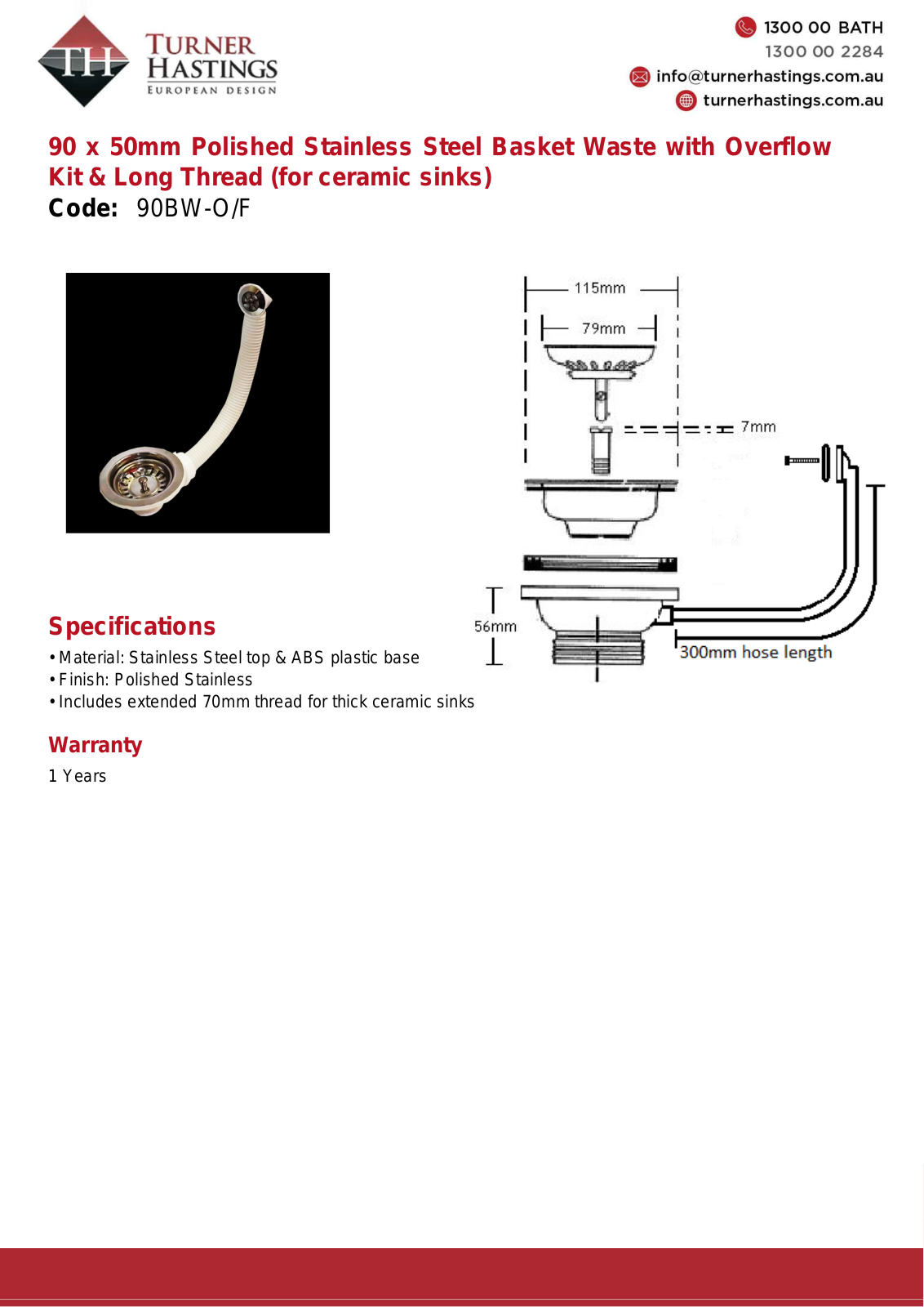 Turner Hastings 90BW-O/F Specifications Sheet