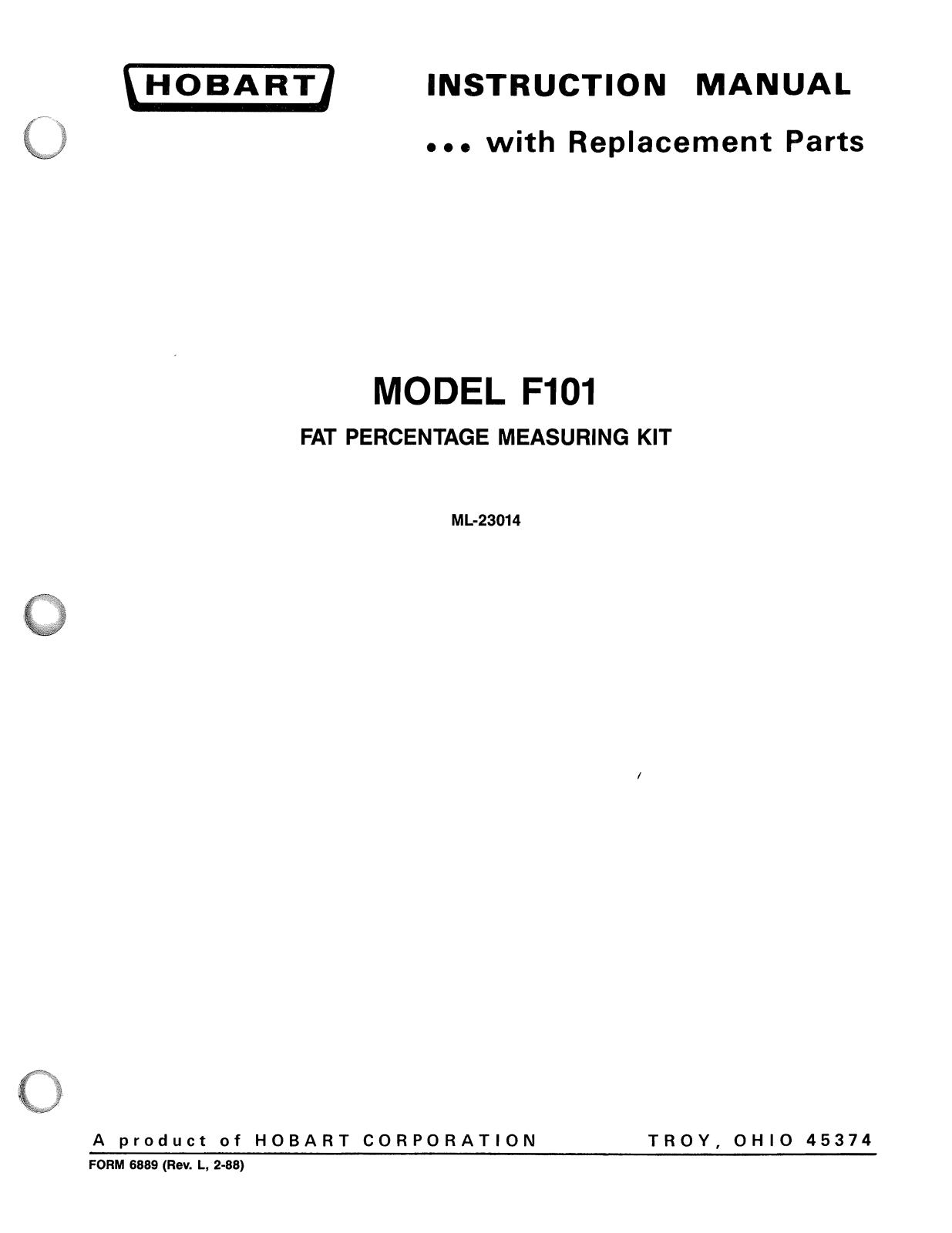 Hobart F101 Installation Manual