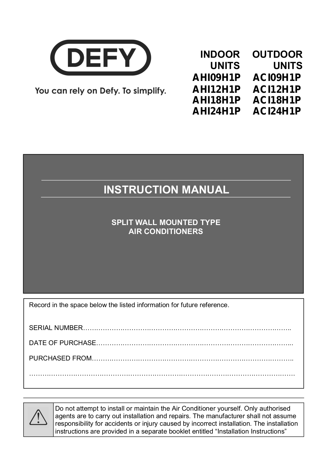 Defy ACI12H1P, ACI18H1P, AHI09H1P, AHI18H1P, AHI24H1P User Manual