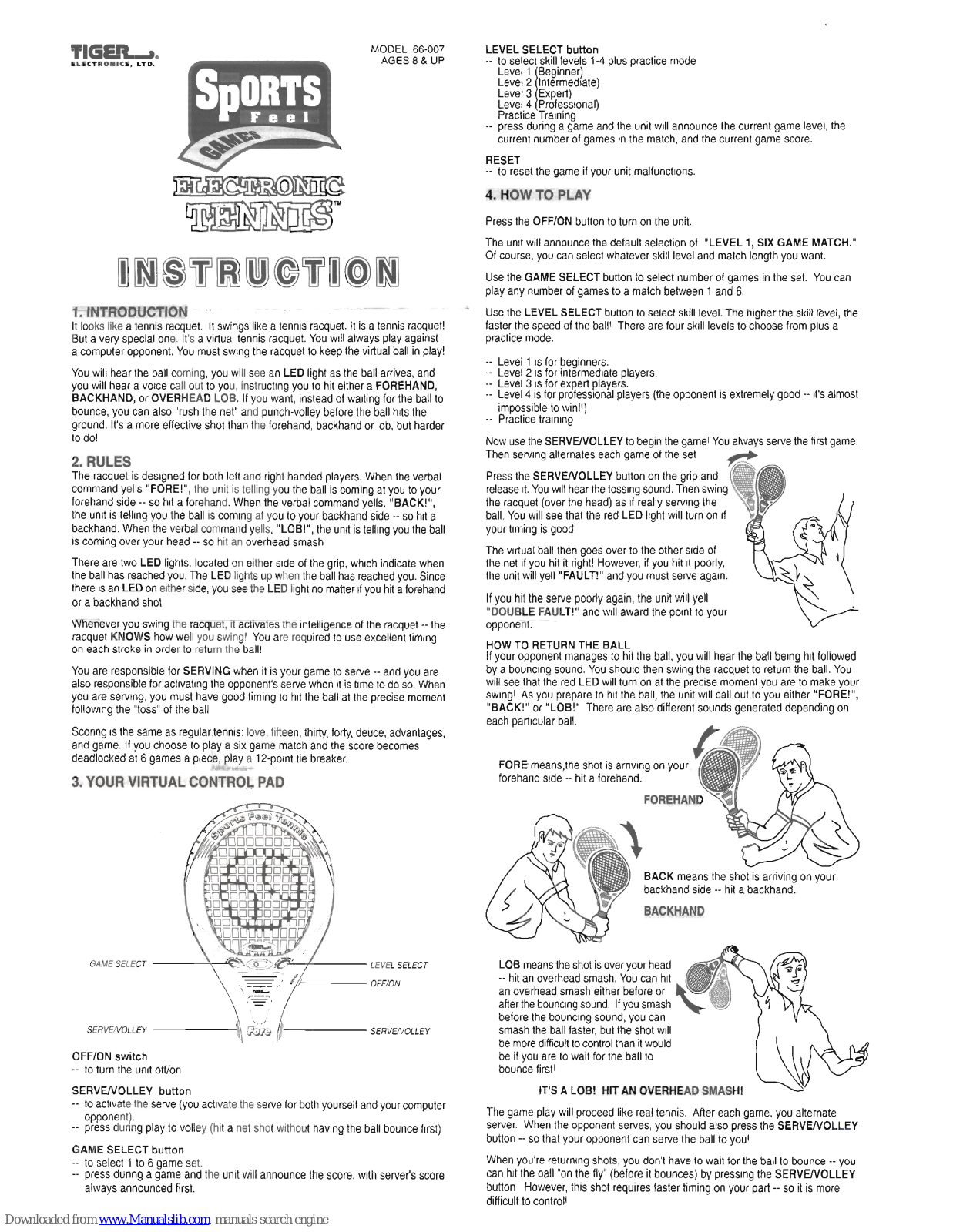 Tiger Sports Feel Tennis Electronic 86-007, Tennis 66-007 Instruction