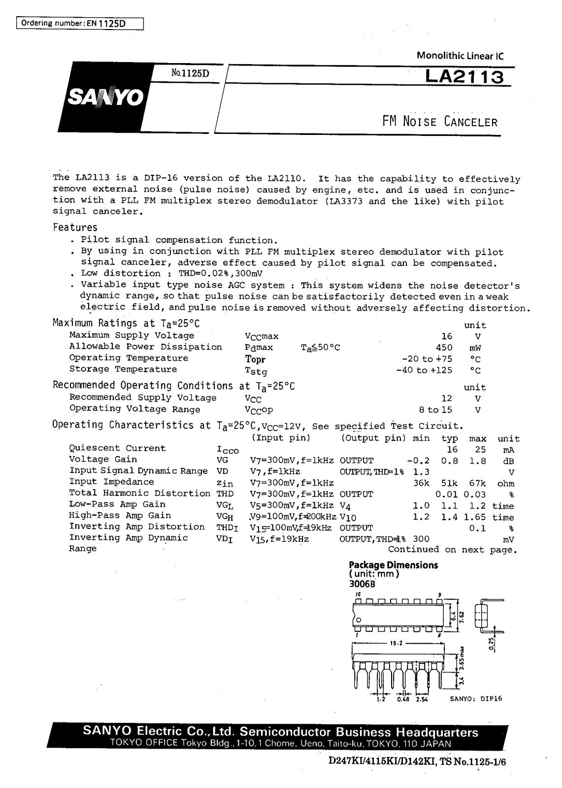 SANYO LA2113 Datasheet