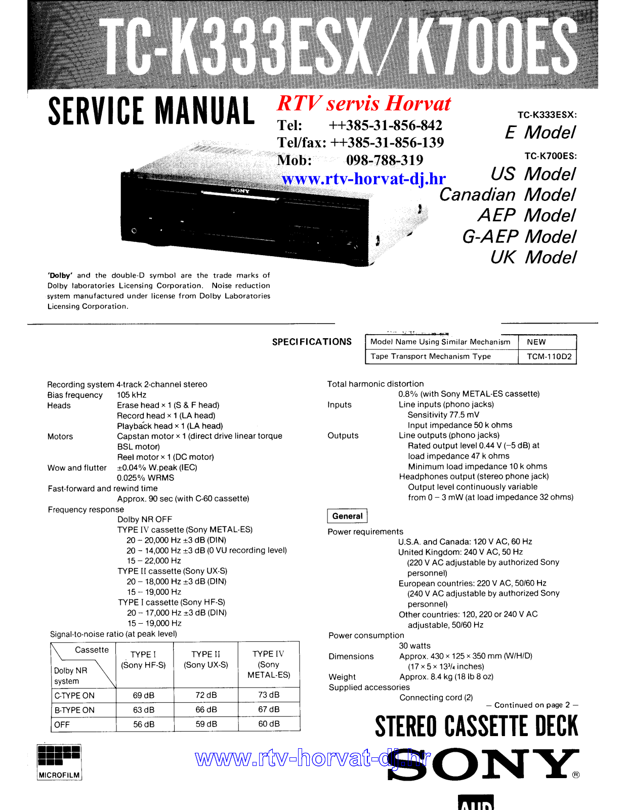 Sony TC-K333ESX Service Manual
