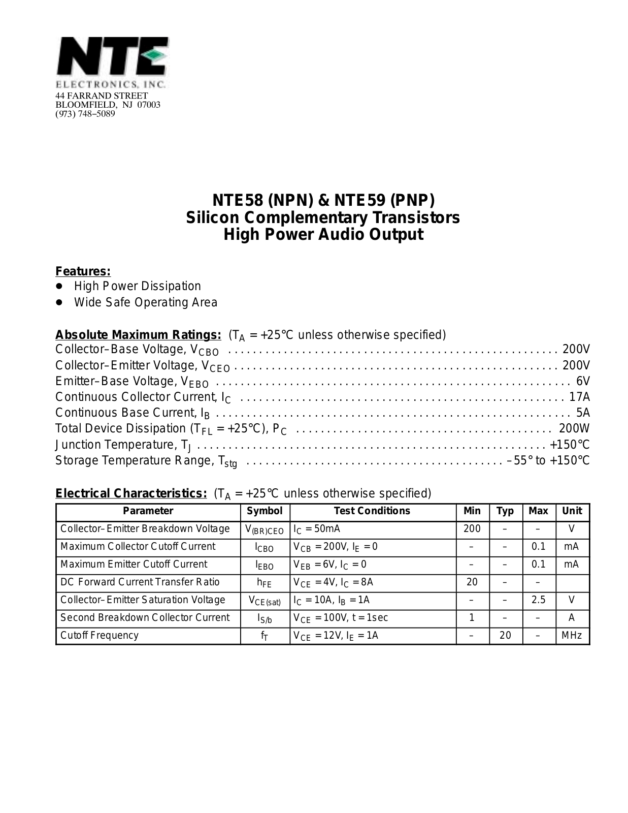 Datasheet NTE58, NTE59 Datasheet (NTE) - ManualMachine.com