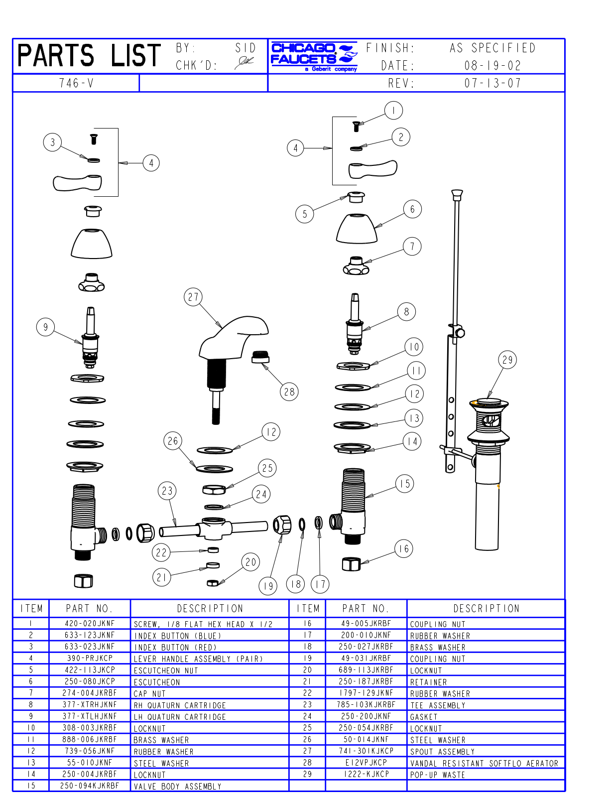 Chicago Faucet 746-V Parts List