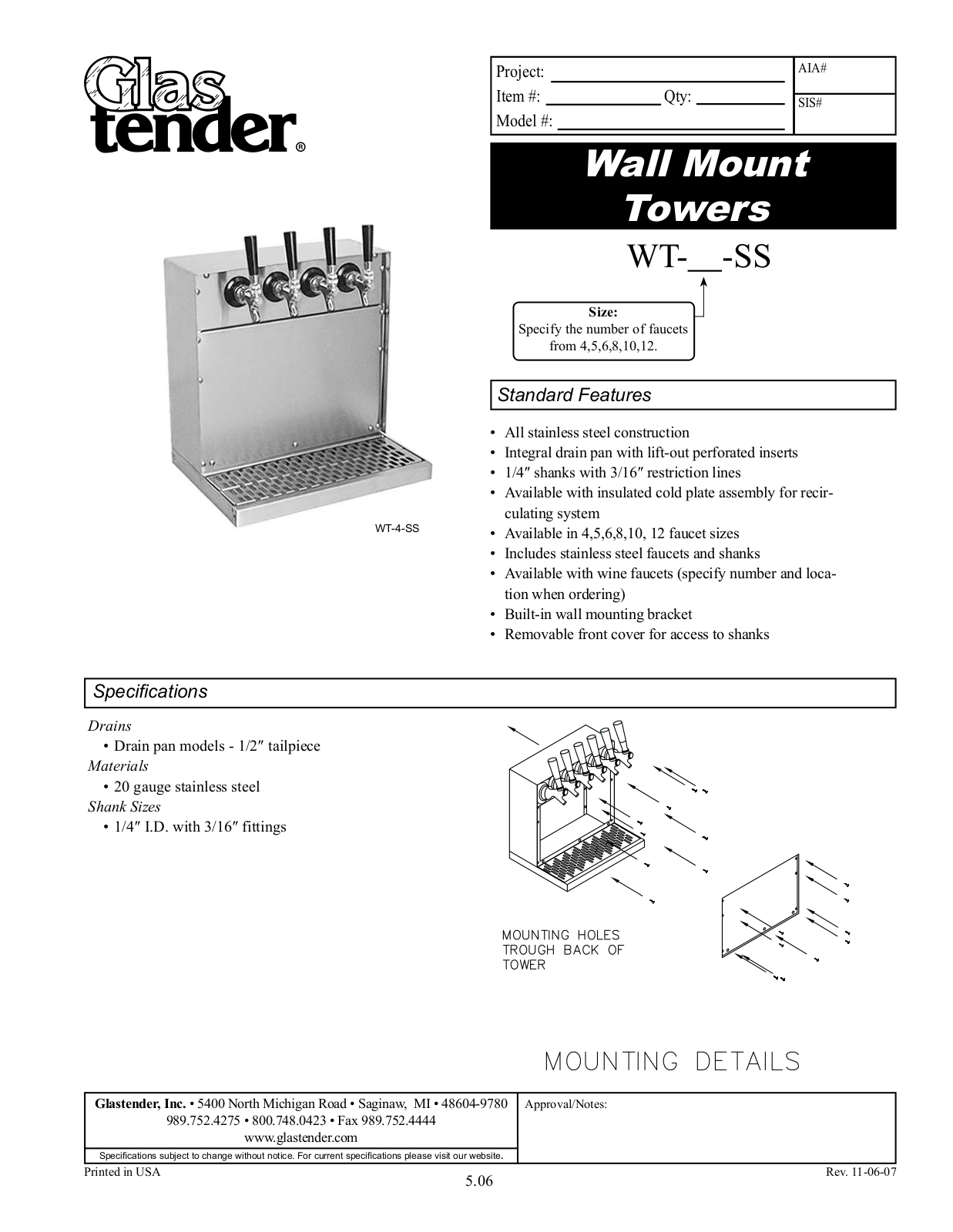 Glastender WT-4-SS, WT-5-SS, WT-6-SS, WT-8-SS, WT-10-SS General Manual