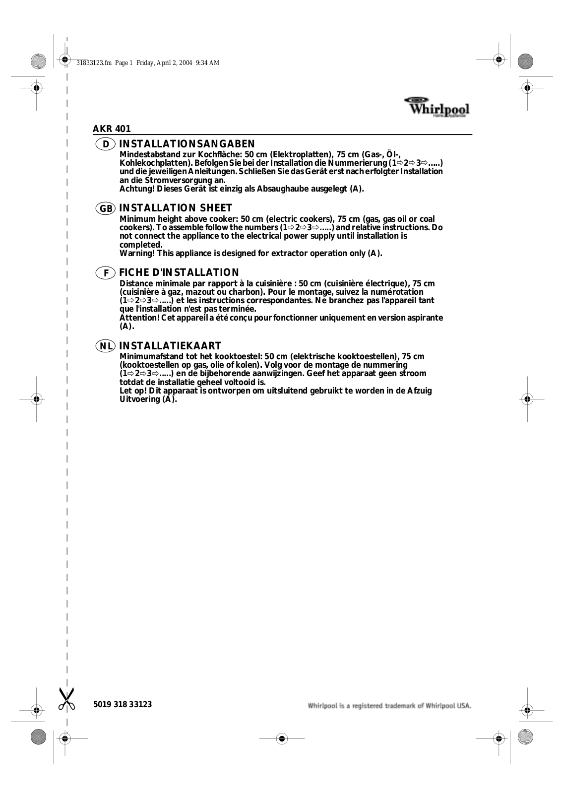 Whirlpool AKR 401 IX INSTRUCTION FOR USE