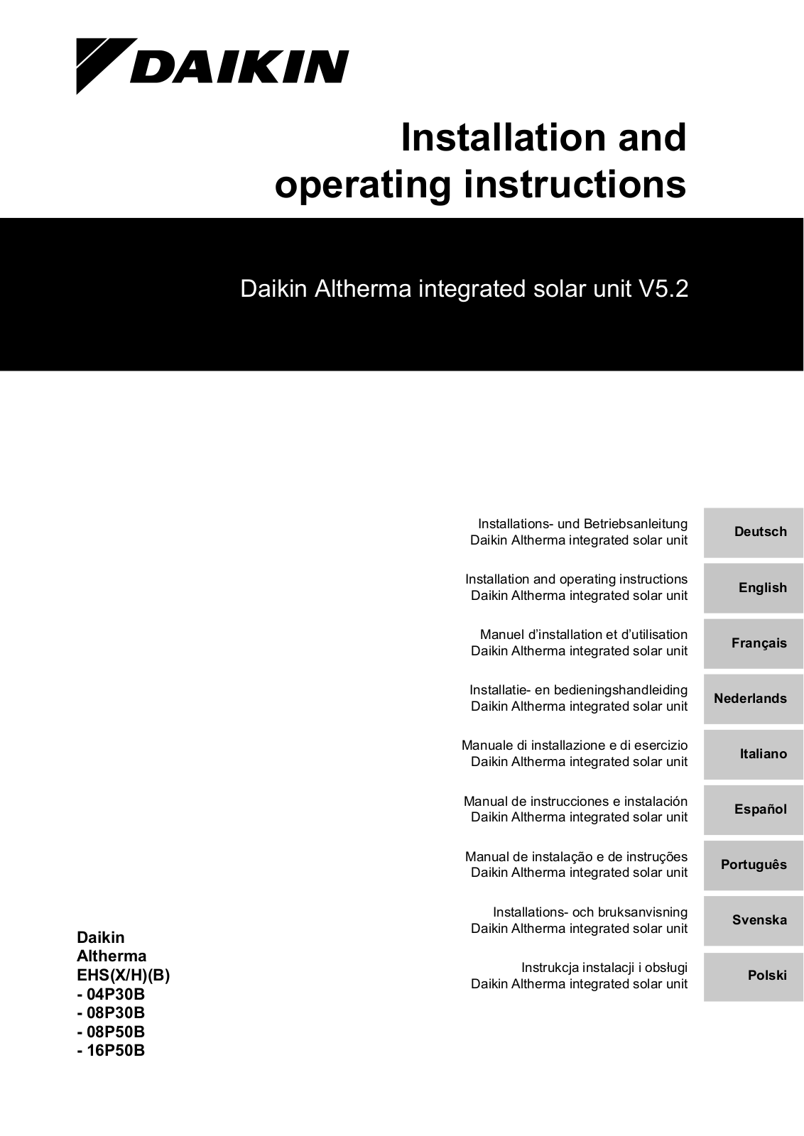 Daikin EHSXB04P30B, EHSXB08P30B, EHSXB08P50B, EHSXB16P50B, EHSX04P30B Operation manuals