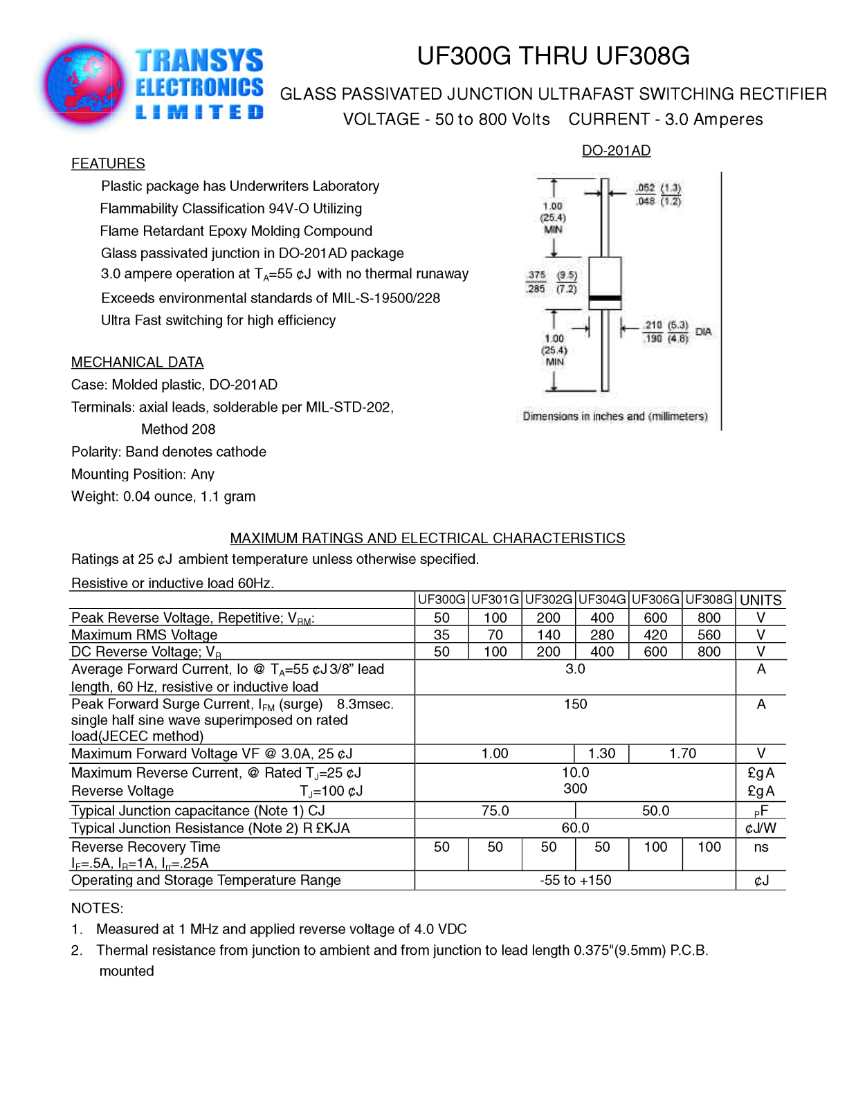 TEL UF301G, UF300G, UF308G, UF306G, UF304G Datasheet