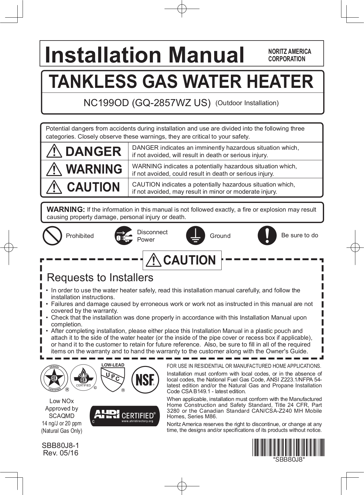 Noritz NC199-OD Installation  Manual