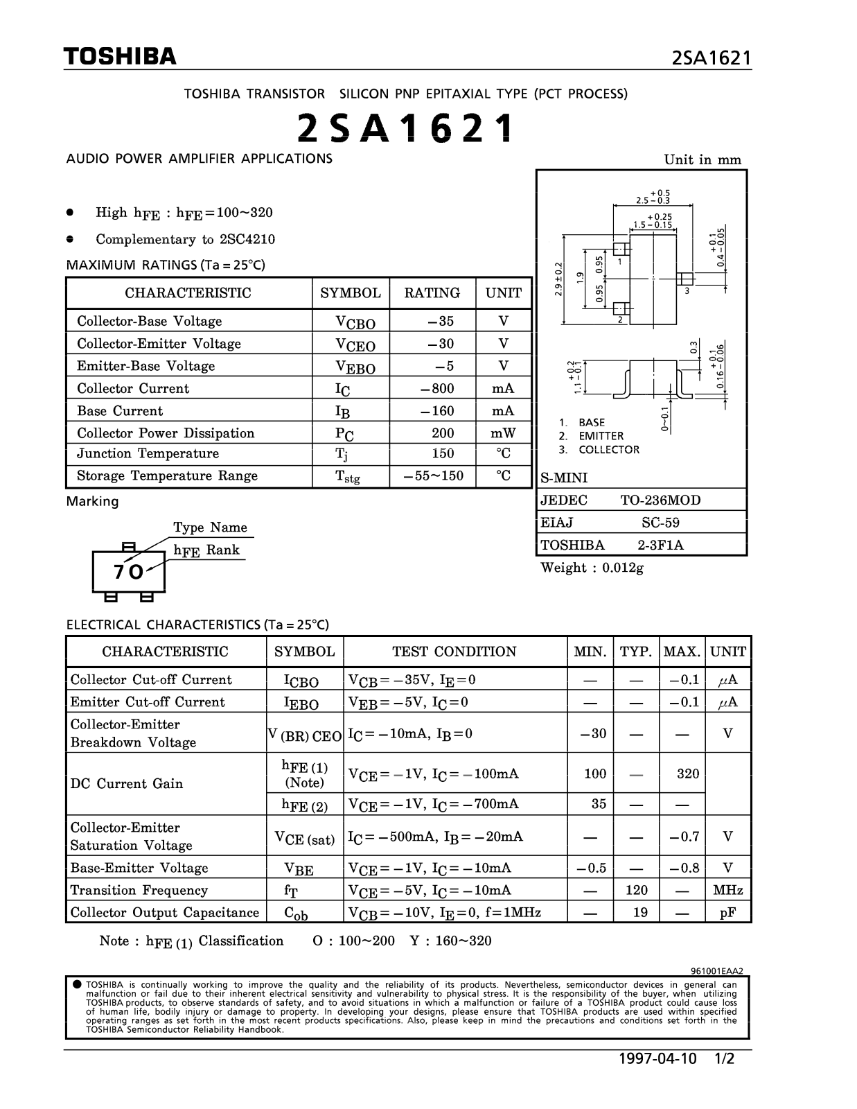 Toshiba 2SA1621 Datasheet