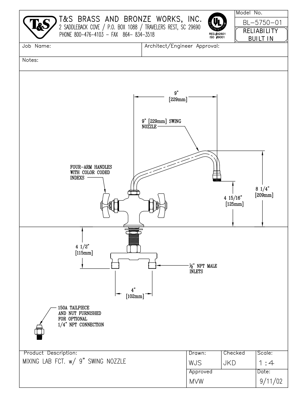 T & S Brass & Bronze Works BL-5750-01 General Manual