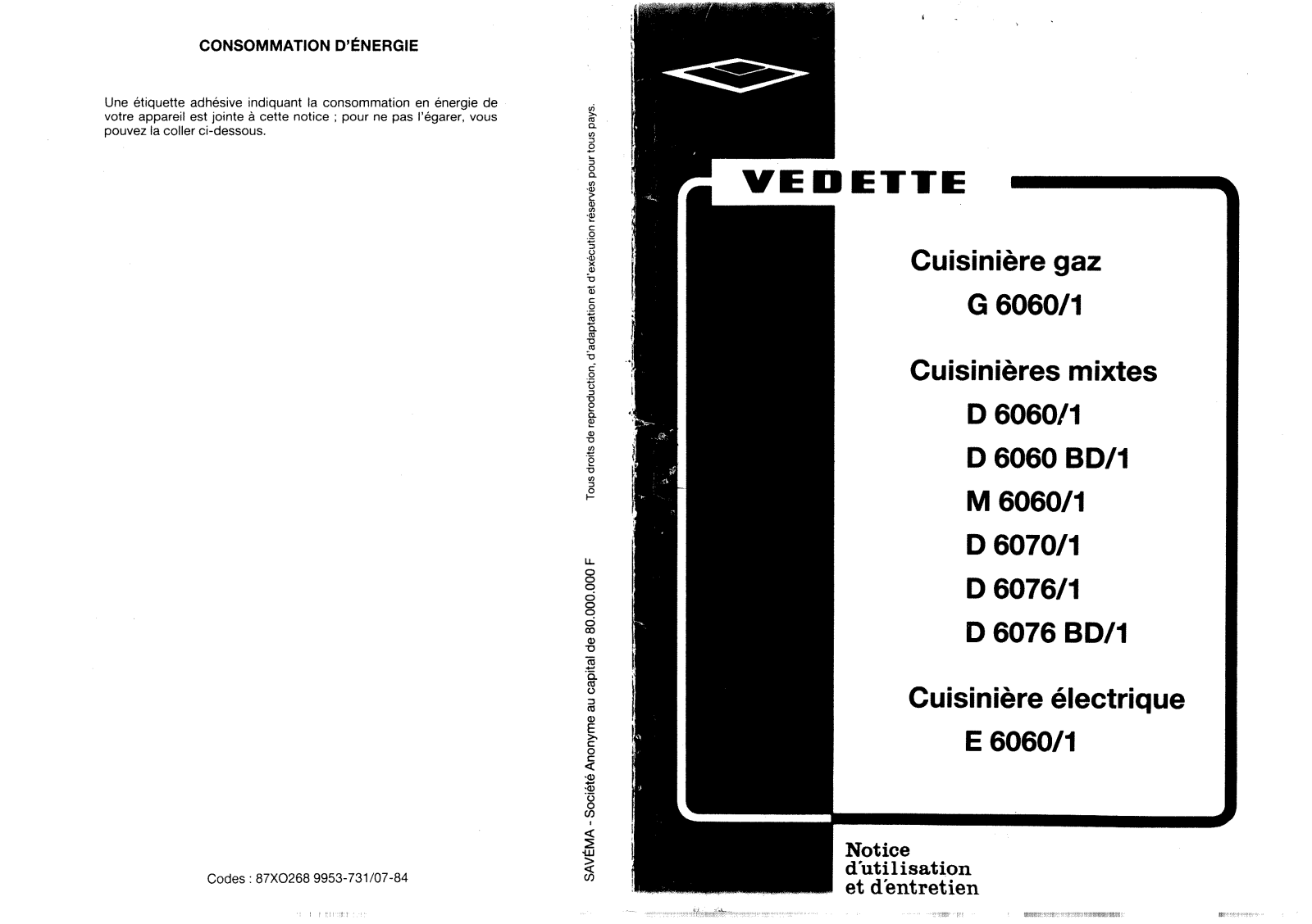 VEDETTE D6060, D6076, G6060BD User Manual