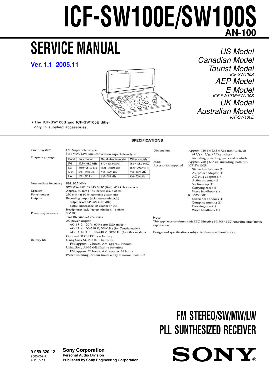 Sony ICFSW-100-S, ICFSW-100-E Service manual