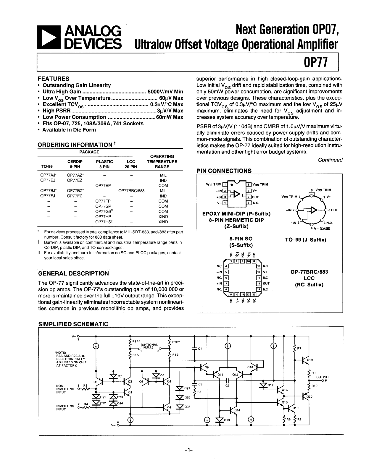 Analog Devices OP77 Datasheet