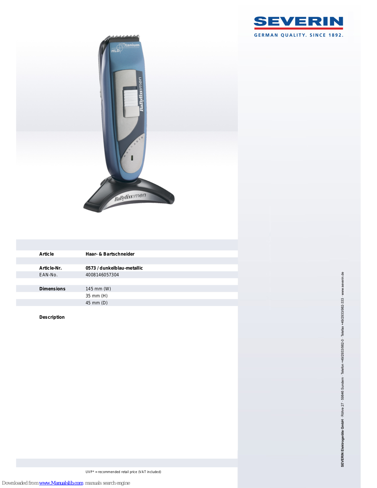 SEVERIN IQ 840 0573, 573 Dimensions