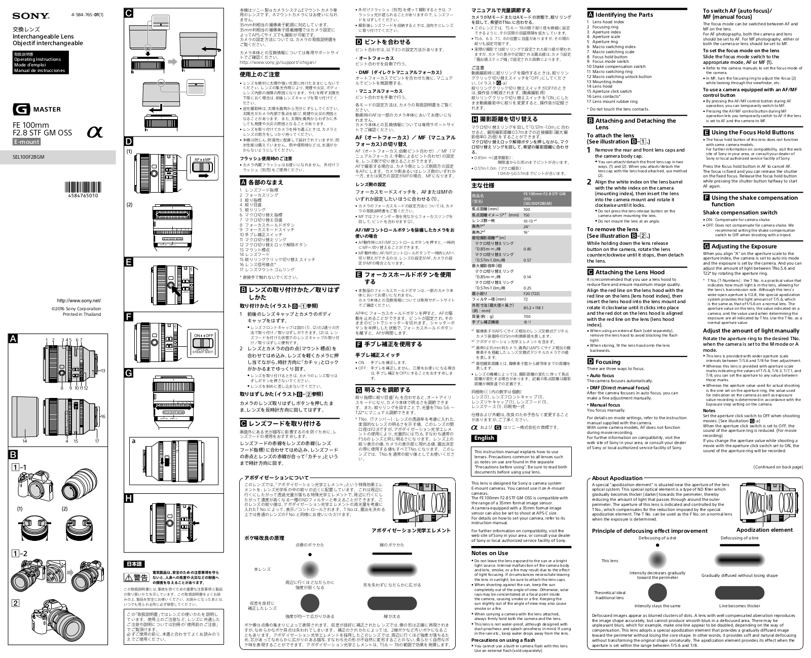 SONY SEL100F28GM User Manual