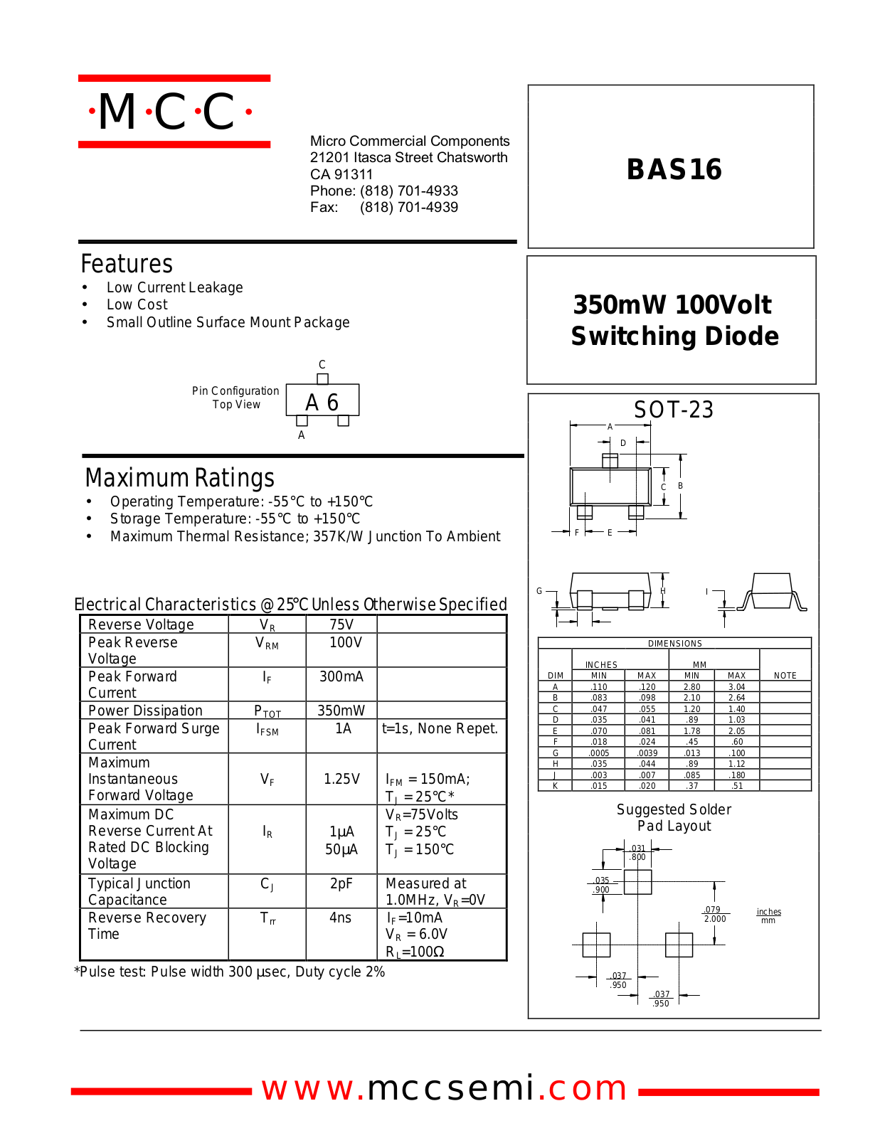 MCC BAS16 Datasheet