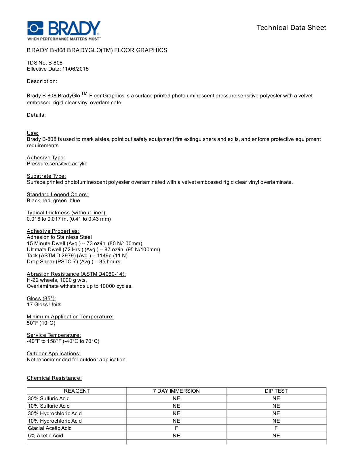 Brady B-808 Technical Data