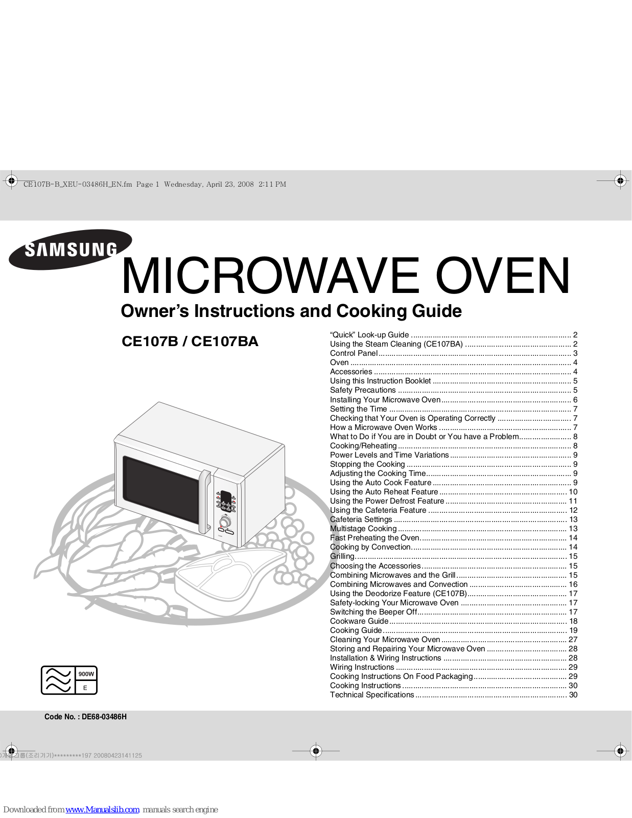 Samsung CE107B-B 28 Litres Combination, CE107BA, CE107B Owner's Instructions And Cooking Manual