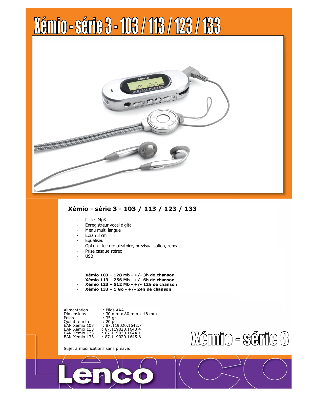 Lenco XEMIO-113, XEMIO-123, XEMIO-103, XEMIO-133 User Manual