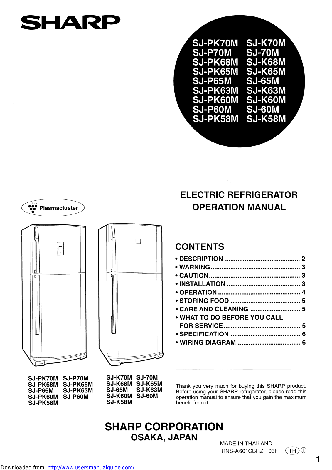 SHARP SJ-xx, SJ-Pxx, SJ-PKxx, SJ-Kxx User Manual