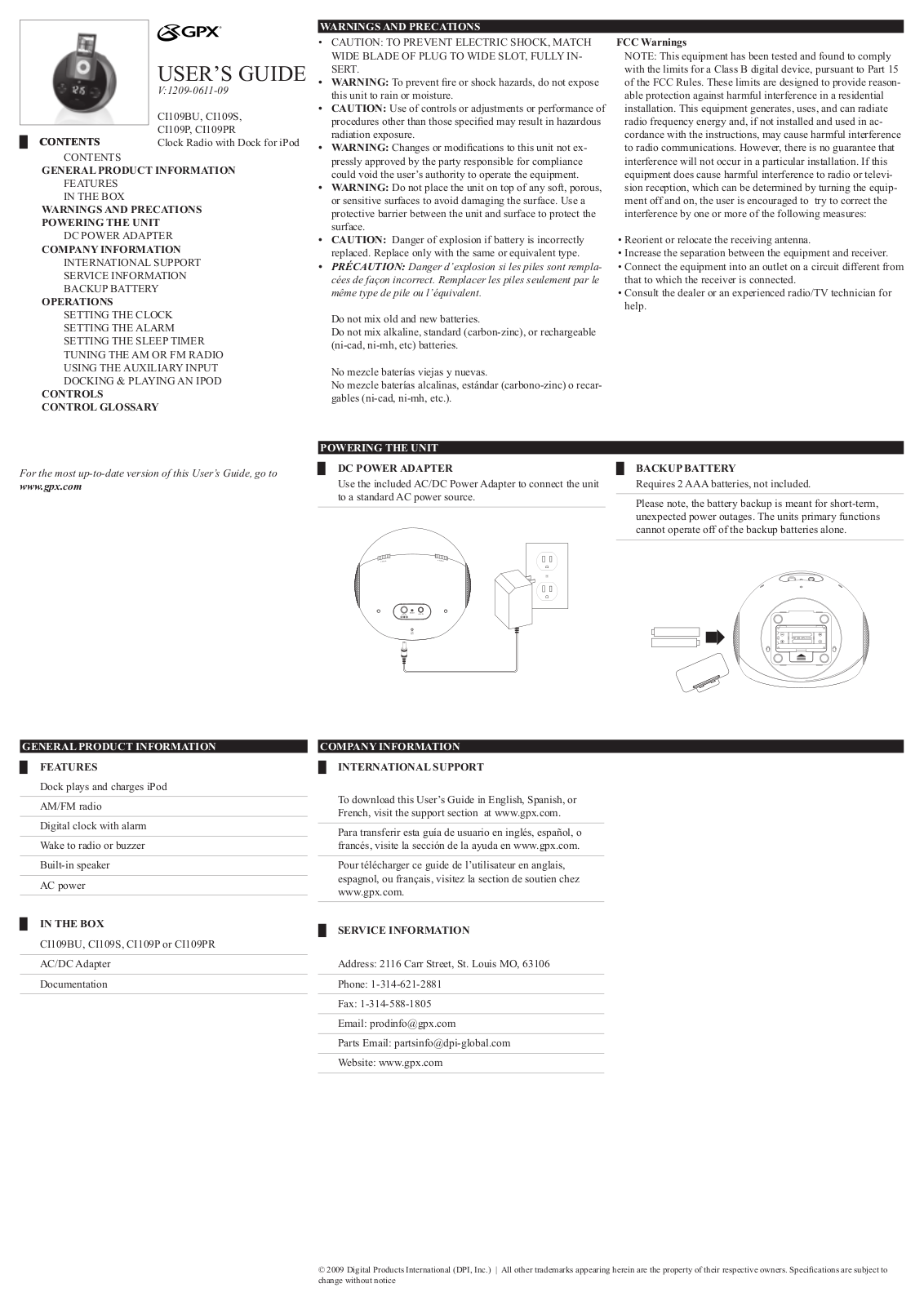 GPX 1209-0611-09, CI109BU, CI109P, CI109S, CI109PR User Manual