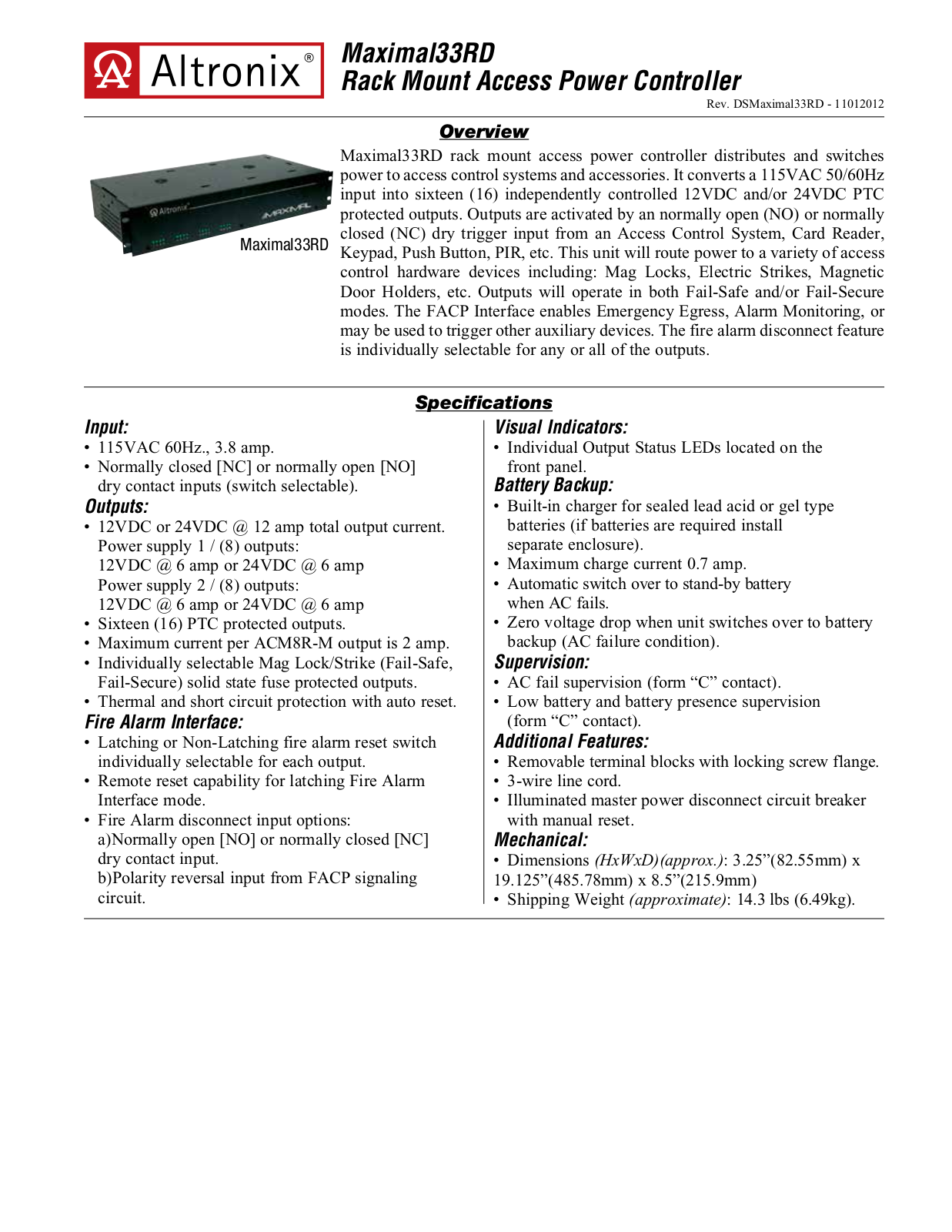 Altronix MAXIMAL33RD Specsheet