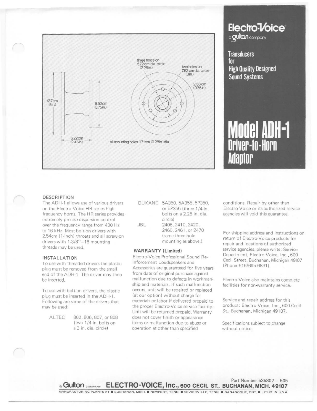 Electro-voice ADH-1 User Manual